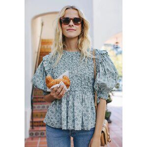 Sea New York Floral Puff Sleeve Blouse in Green and White
